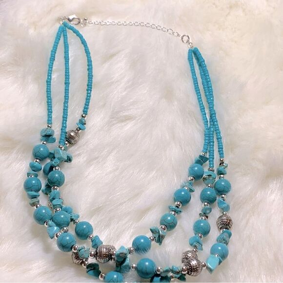 Natural & Faux Turquoise Beaded 2 Strand Necklace 18” Southwest Inspired - Picture 1 of 6